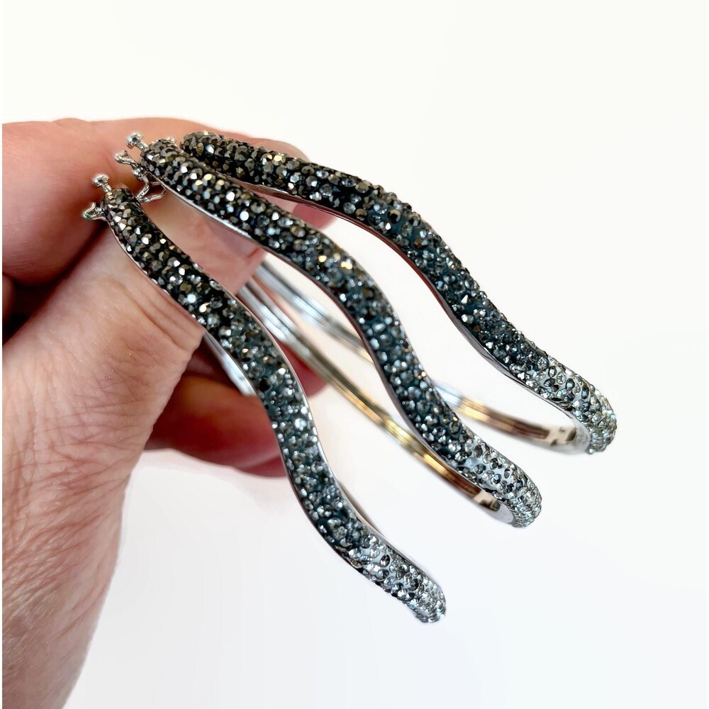 Rhinestones Bracelets, Set of 3, Ombre, Black, Silver, Clear, Hinged, Bangle